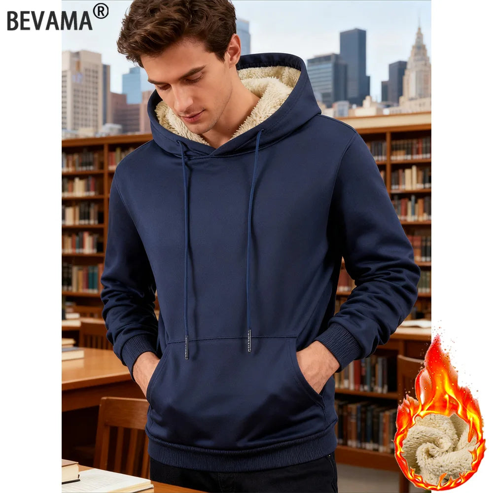 Winter Men's Fleece Hoodies Solid Color Casual Warm Long Sleeve Pullover New Crew Neck Hooded Sweatshirt Streetwear Men Clothing