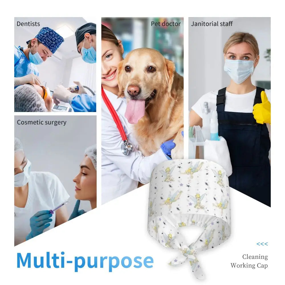 Custom Tinker Bell Breathable Nursing Work Cap Surgical Scrub Caps Unisex Nurse Medical Cap Cartoons Scrubs Hat Medical Surgical