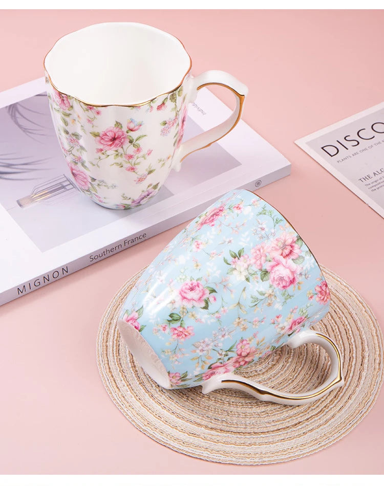 460ML Pumpkin-shaped Ceramic Mug Full cup of flower pattern Coffee Cup Big capacity Breakfast Milk tea cups Gift For Kids Girls