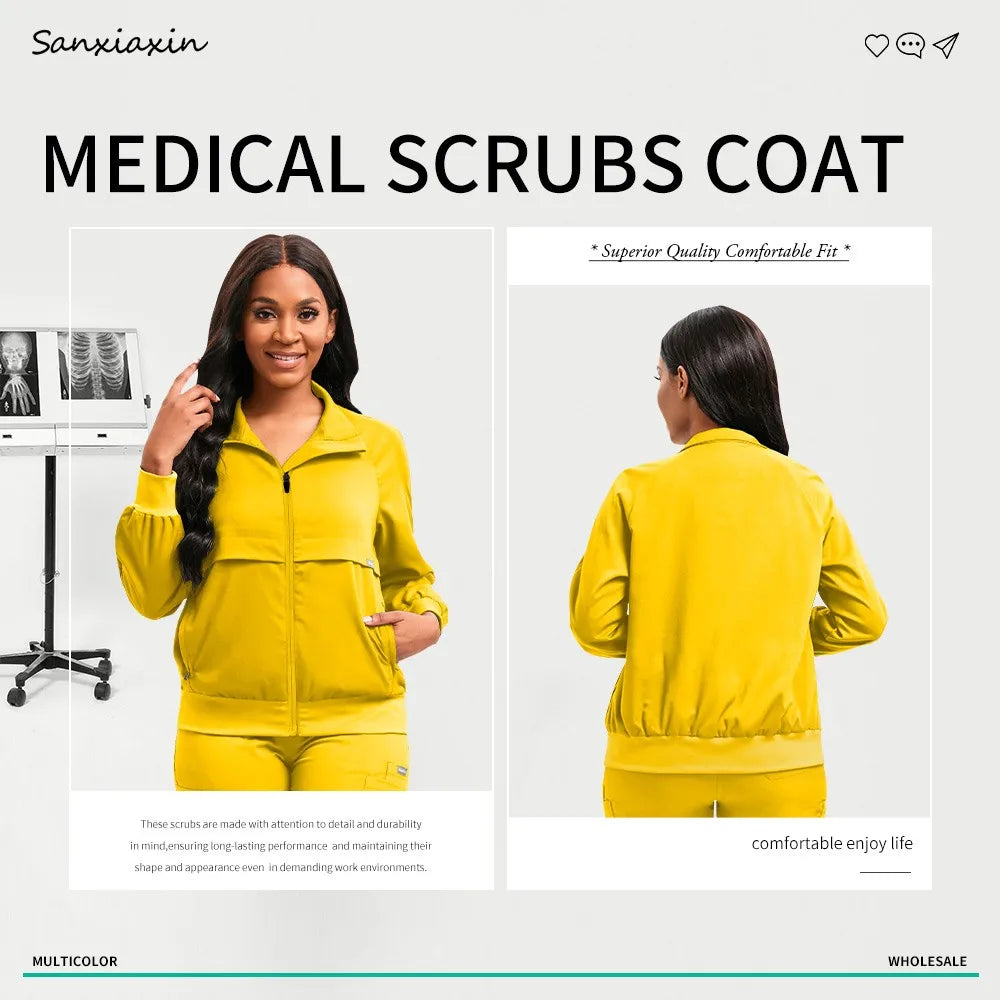 Long Sleeved Medical Scrub Jacket Pharmacy Uniform Women Solid Nurse Hospital Scrub Coat Surgical Uniforms Beauty Salon Workwear
