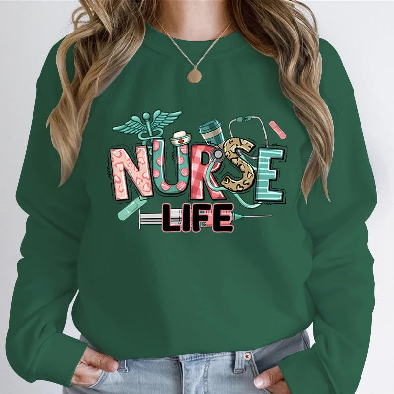Woman Clothing Nurse Life Cartoon Classic Design Sweatshirts Nurse Gifts Autumn Hoodies Registered Nurse Gift Cartoon Sweatshirt