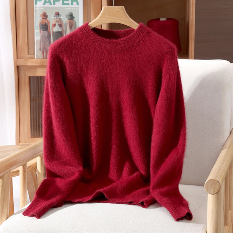 Autumn Winter Sweater Pullover Women's Clothing 100% Mink Cashmere Sweater Pullover O-Neck Basic Long Sleeve Warm Fleece Knitted