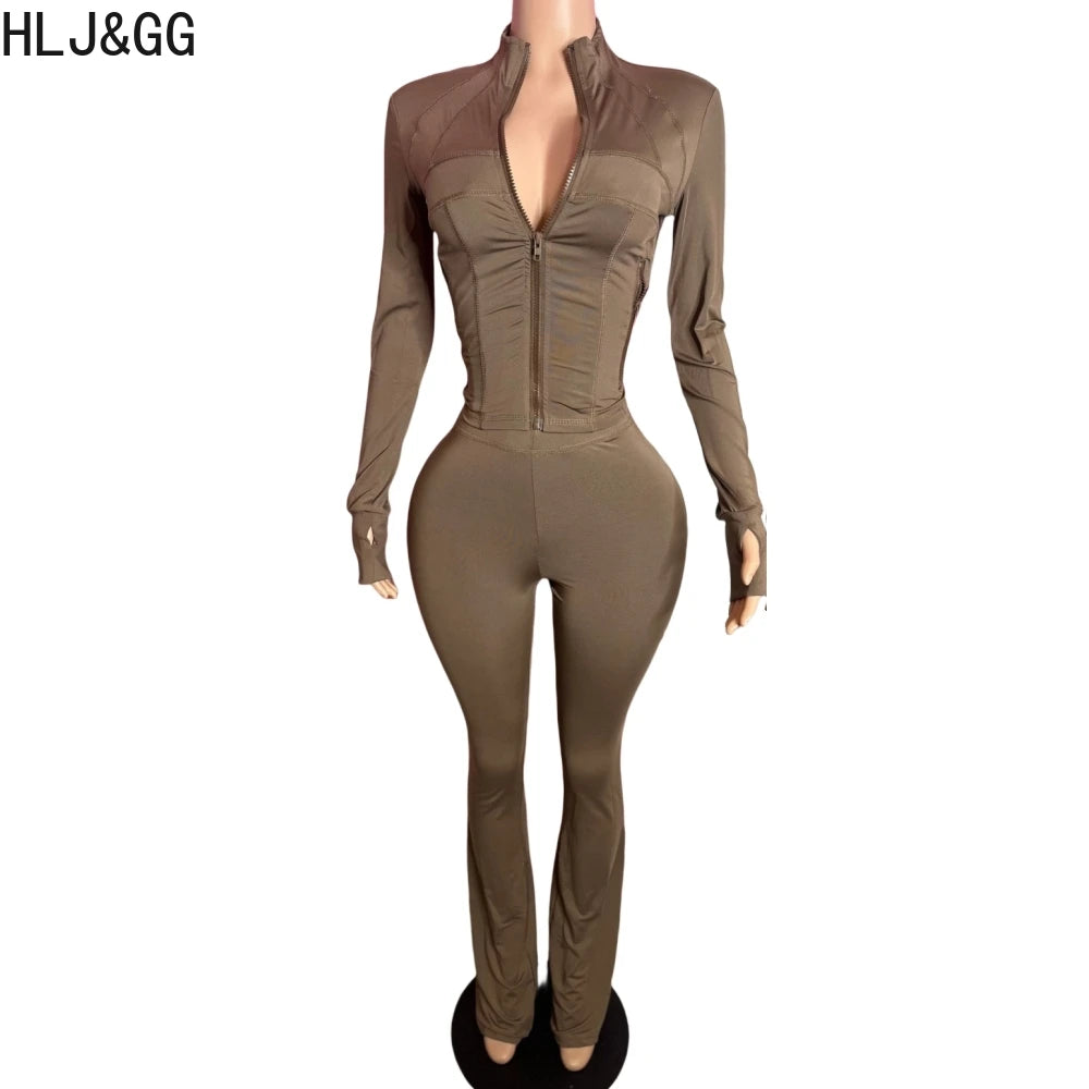 HLJ&GG Casual Solid Sporty Two Piece Sets Women Zipper Long Sleeve Slim Top And Skinny Pants Outfits Spring New 2pcs Tracksuits