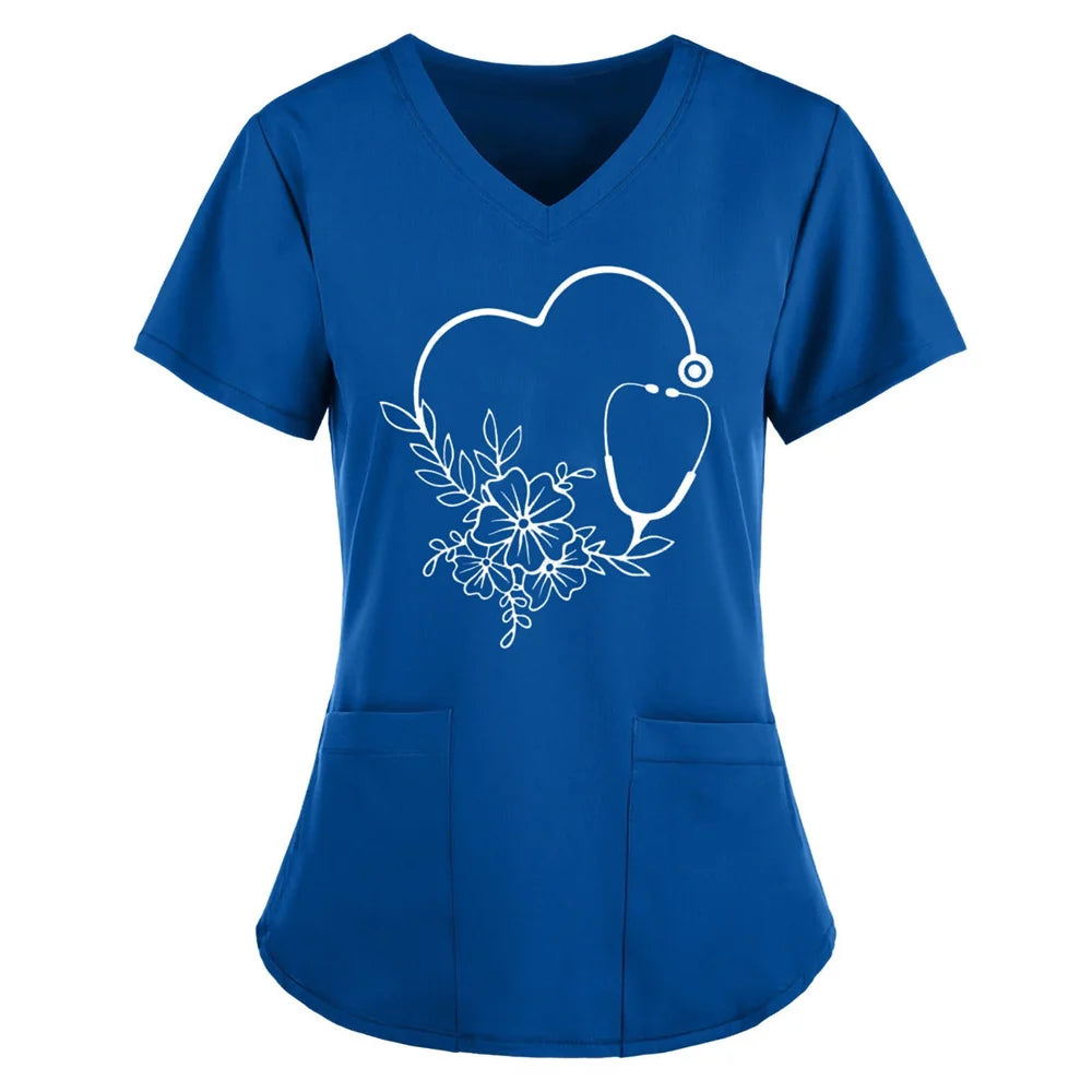 Women T-shirt Working Uniform Print Pocket Pet Grooming Nurse Uniform Clothing Hospital Solid Short Sleeve Spa V-Neck Scrub Tops