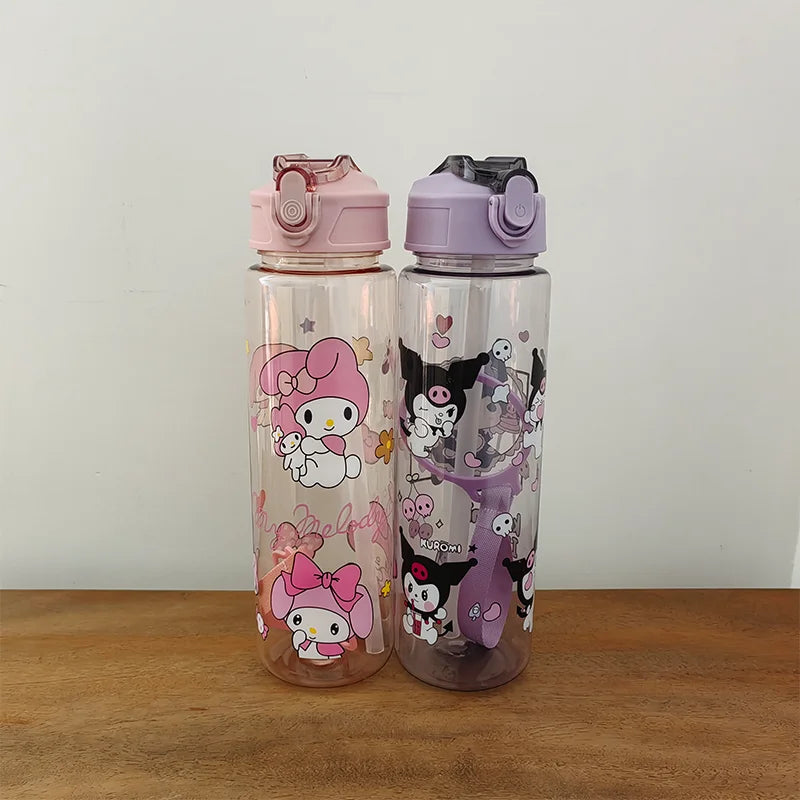 800ML Children's Cartoon Kuromi Transparent Pop-up Spout Water Cup Hand-held Strap Anti-fall Kettle Portable Outdoor Space Cup