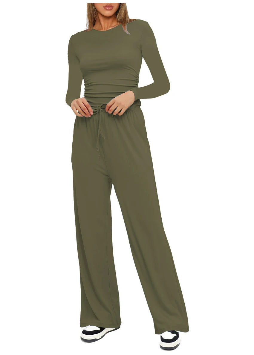 Autumn Winter Trend Fashion Women's Two Pieces Set Solid Casual O Neck Long Sleeve T-shirts & High Waist Wide Leg Pants Sets