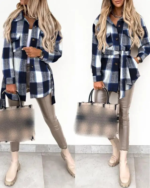 Women's Fashion Autumn and Winter Blouses Jackets Strap Plaid Printed Woolen Jacket Ladies Casual Pockets Coats Clothing