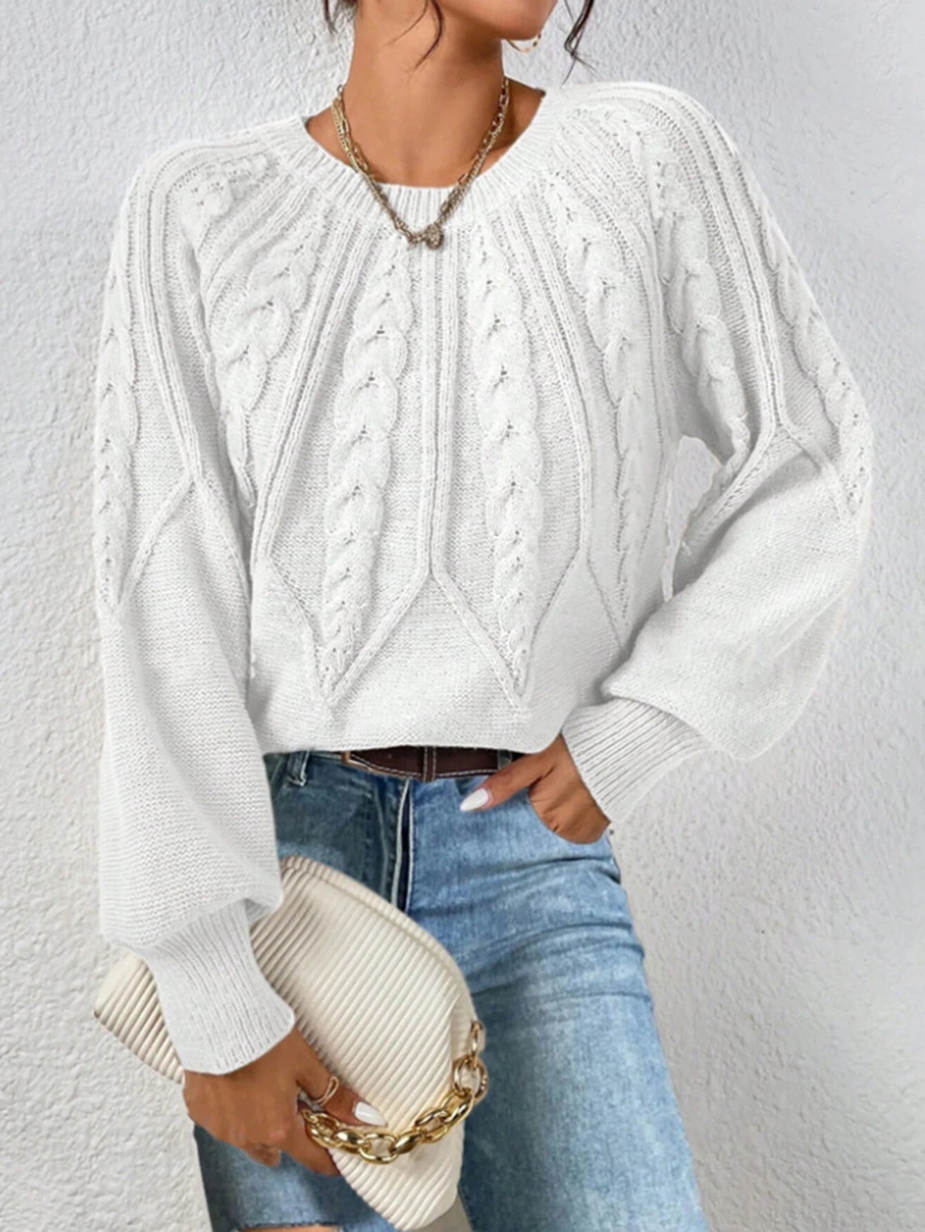 Autumn Winter Sweater 2025 Women's Elegant Plain Texture Long Lantern Sleeve Crew Neck Basics Sweater