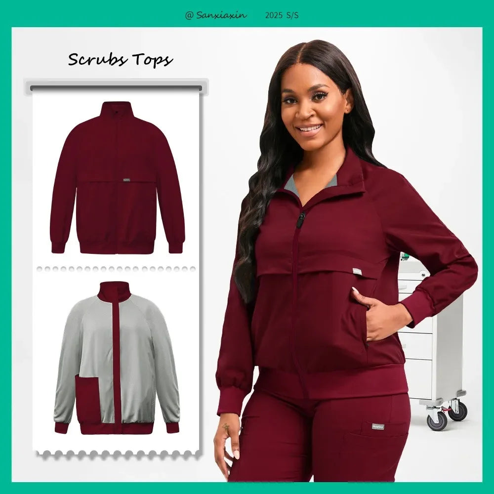 Long Sleeved Medical Scrub Jacket Pharmacy Uniform Women Solid Nurse Hospital Scrub Coat Surgical Uniforms Beauty Salon Workwear