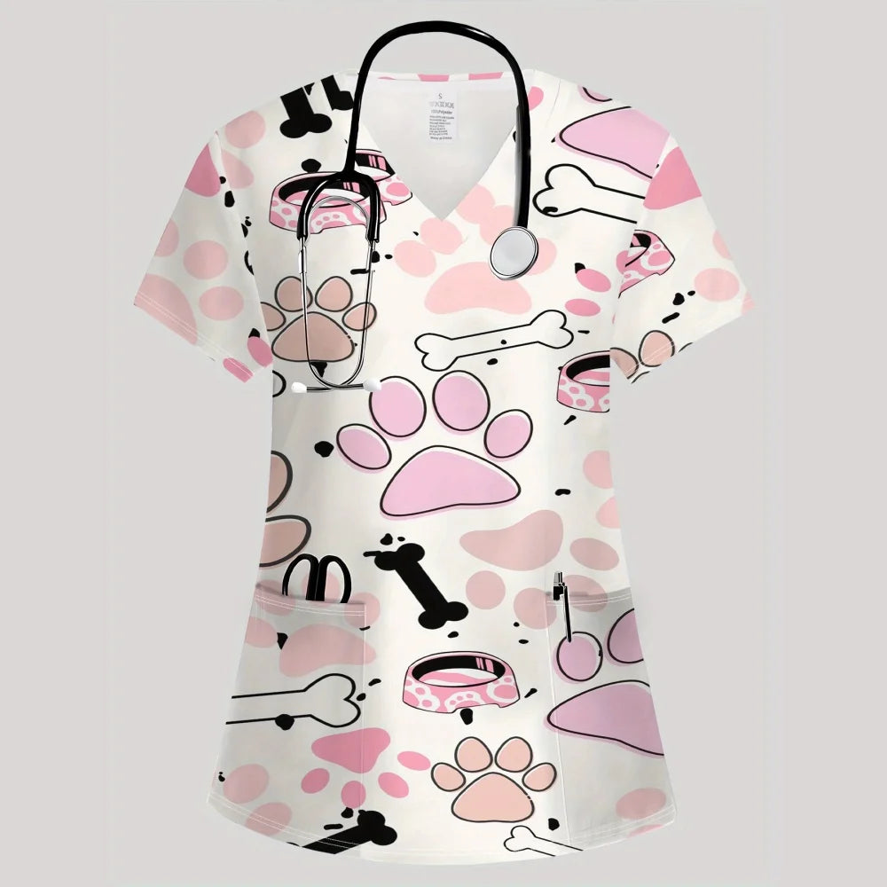 Clinical Uniform Woman Fashion V-Neck Vibrant Pockets T-Shirt Cute Cartoon Print Tops Summer Comfortable Vet Nurse Uniform Woman