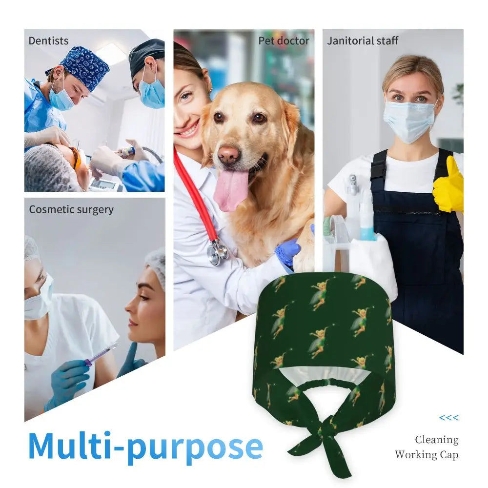 Custom Tinker Bell Breathable Nursing Work Cap Surgical Scrub Caps Unisex Nurse Medical Cap Cartoons Scrubs Hat Medical Surgical