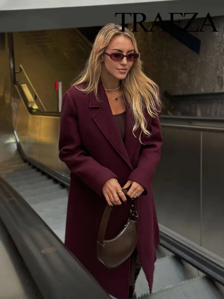 HH Female Autumn Winter Fashion Woolen Long Coat Woman Casual Turn-Down Collar Long Sleeves Pockets Double Breasted Coat