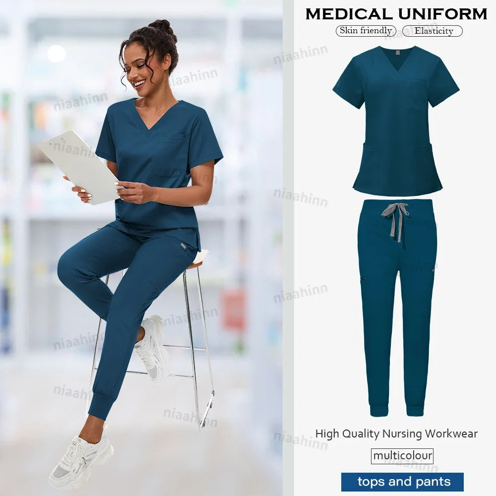 Doctor Nursing Uniforms Multicolour Jogger Suit V-neck Tops Pocket Pants Nurse Scrubs Set New Medical Clinical Clothes Women Men
