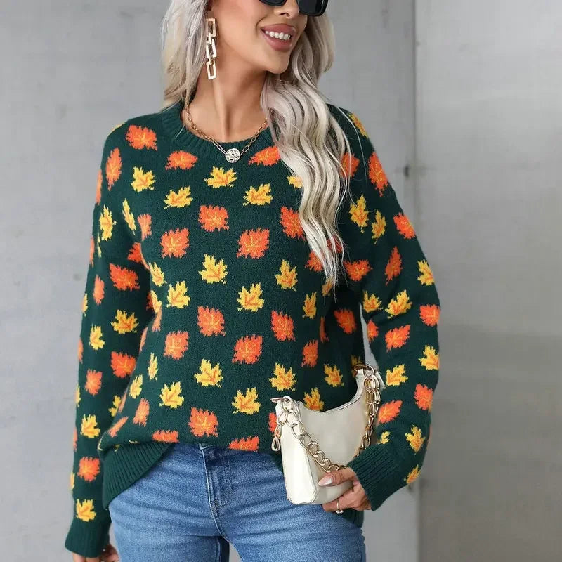 Women Casual Sweaters O Neck Pullovers Warm Outerwear Maple Leaf Print Knitwear Tops Female 2024 Autumn Winter Women Clothing