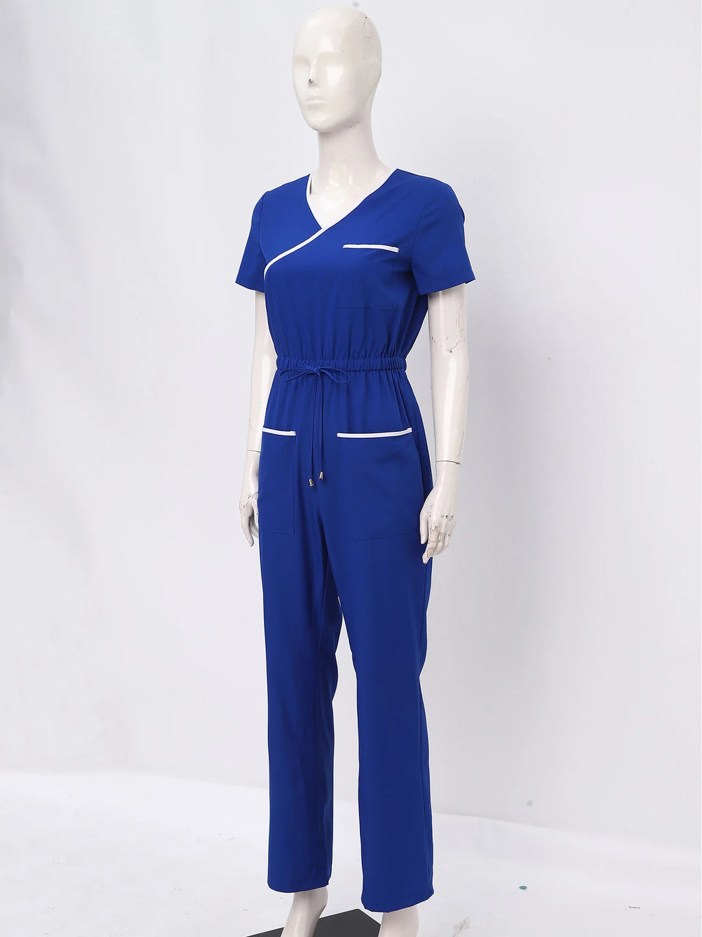 Women Scrub Jumpsuit Nurse Doctor Medical Esthetician Workwear Short Sleeve Multi-pockets Elastic Waist Jogger Pants Rompers