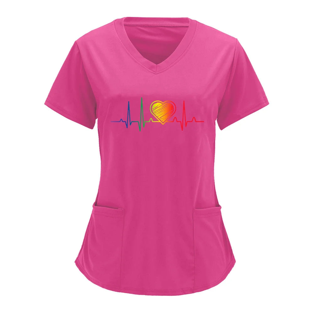 Women T-shirt Working Uniform Print Pocket Pet Grooming Nurse Uniform Clothing Hospital Solid Short Sleeve Spa V-Neck Scrub Tops