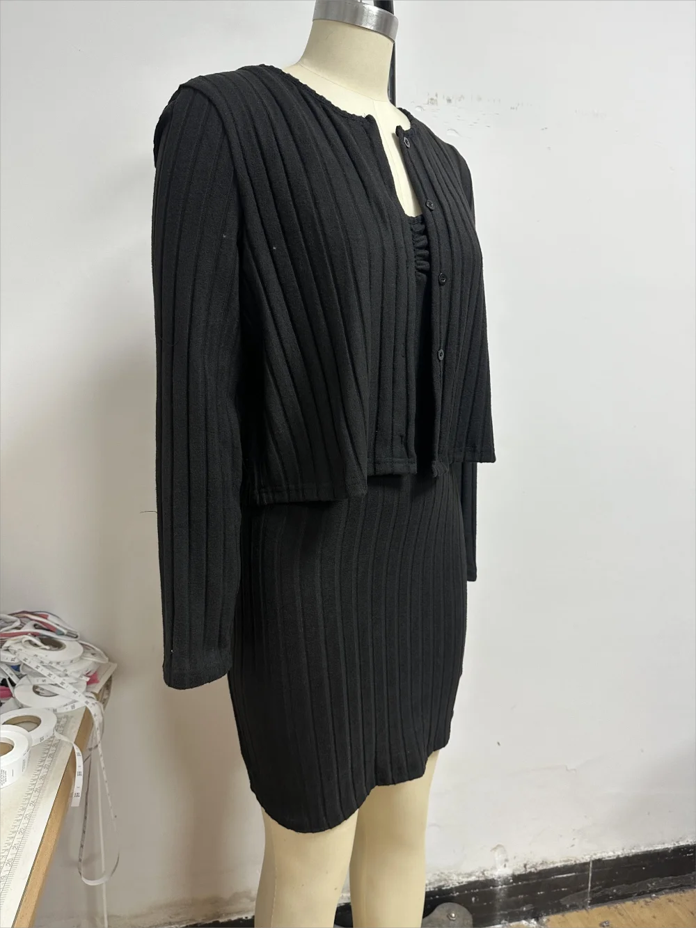 Womens Solid Button Front Jacket & Bodycon Dress