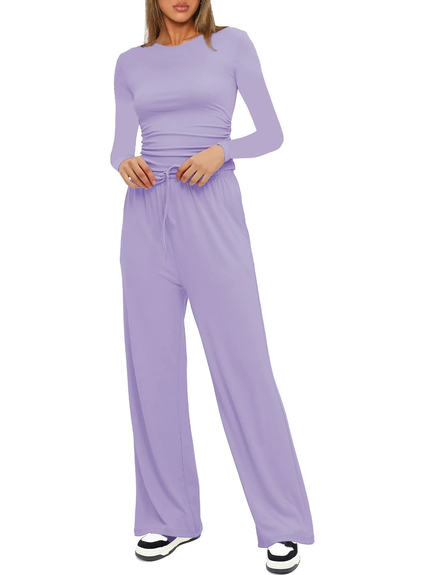 Autumn Winter Trend Fashion Women's Two Pieces Set Solid Casual O Neck Long Sleeve T-shirts & High Waist Wide Leg Pants Sets