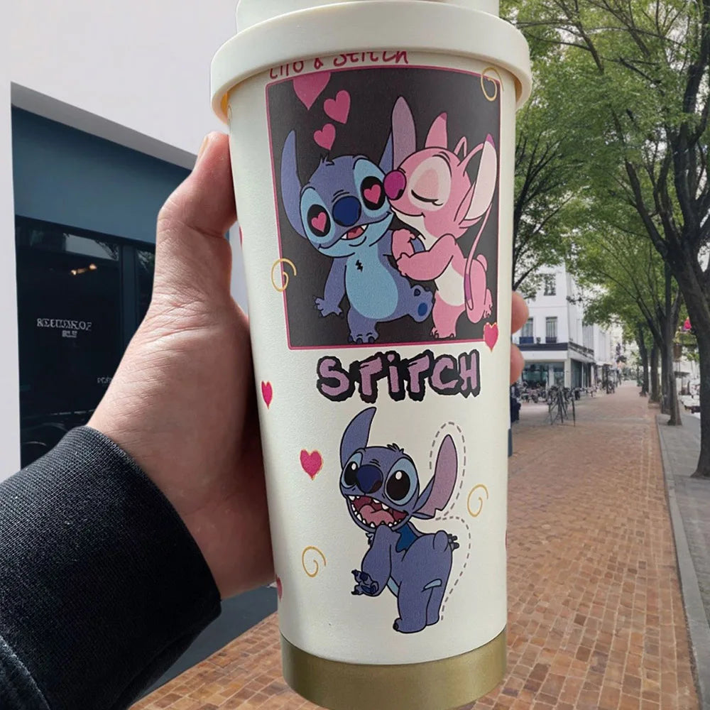 600ML Kawaii Stitch Anime Straw Cup 304 Stainless Cartoon Thermos Cup Portable Double Drinking Water Bottle Gifts For Boys Girls