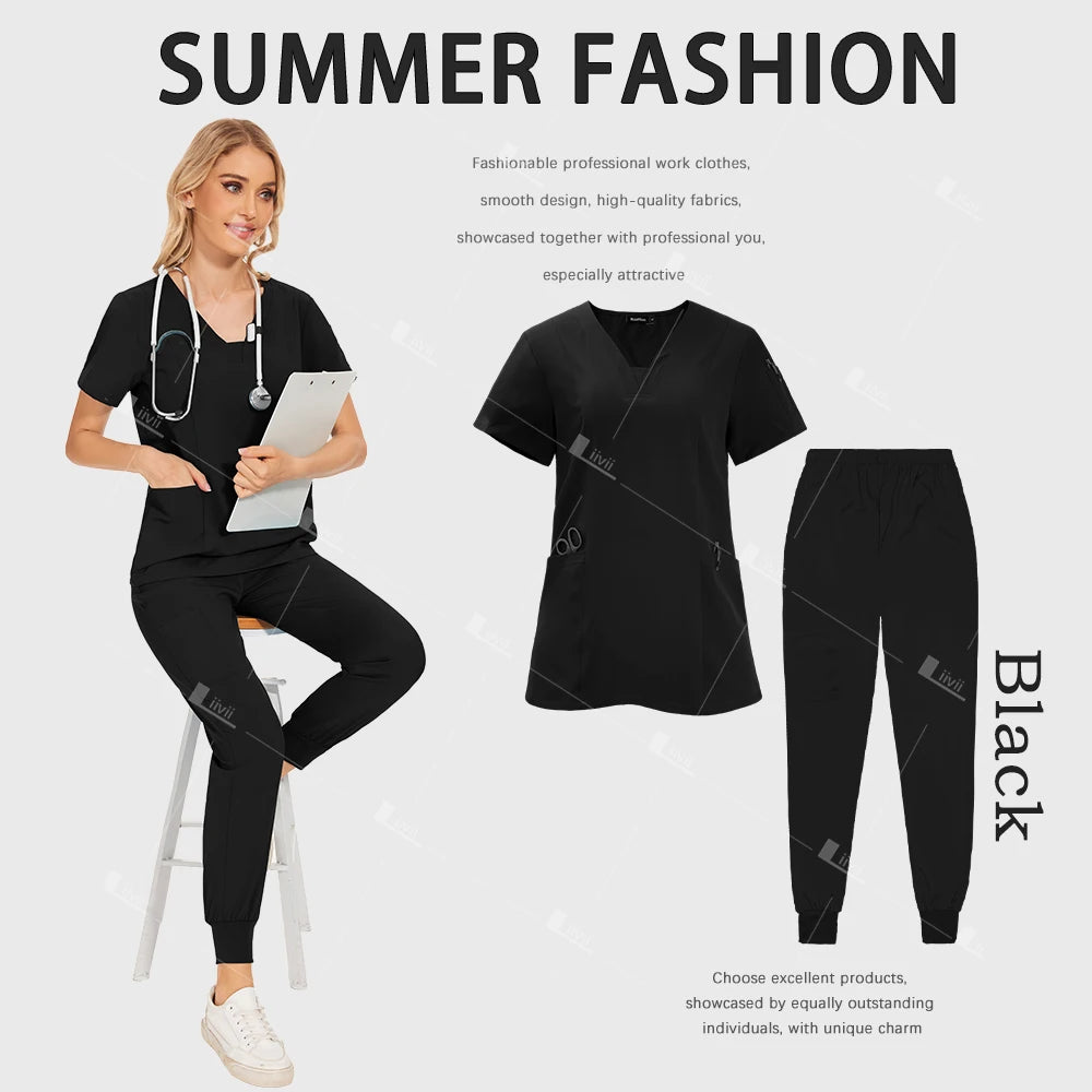 Medical Scrub Set Women Wholesale Hospital Doctor Dentist Work Clothes Surgical Scrub Top Jogging Pants Multicolor Nurse Uniform