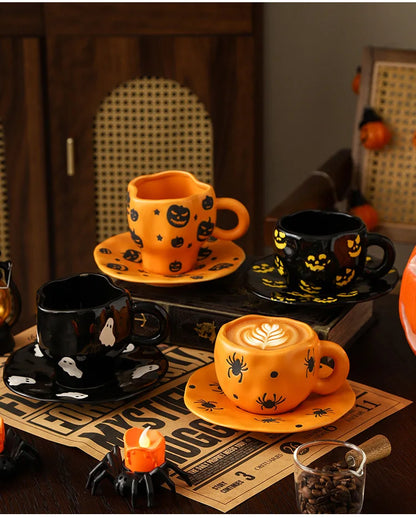 Creative Halloween-themed ceramic cups and saucers Irregular personalized coffee cups Coffee saucers Pumpkin bat pattern cups
