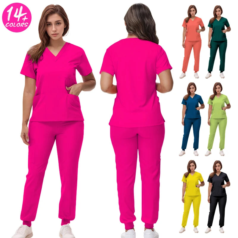 Short Sleeves Nurse Uniforms V-neck Top Jogger Pants  Women Surgical Scrubs Dentist Nursing Suit Pet Hospital Doctor Outfit S21