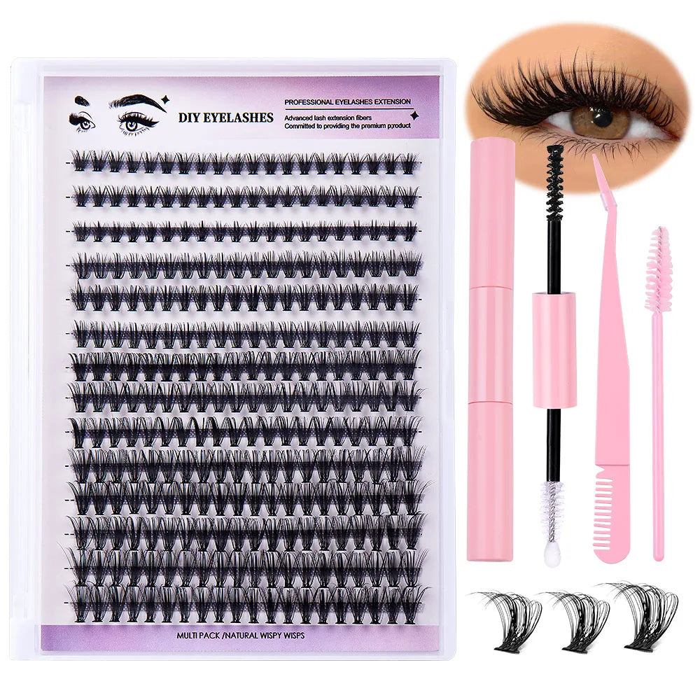 DIY Eyelash Extension Kit, 280 PCS Clusters Slender Stems, Super Fixed Mascara Brush Bond and Seal Eyelash Glue and Eyel
