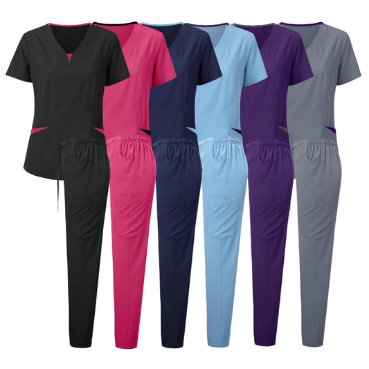 Scrub Set for Women Nurse Blouses Trendy V Neck Plus Size Nursing Blouse Beautiful Solid Color Workwear Scrubs Tops and Pants