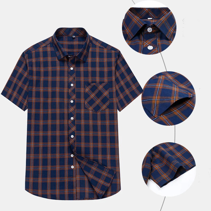 Plus Size 8XL 7XL New Men's Shirts Short Sleeve Cotton Plaid Shirt Summer Fashion Thin Soft Classic Basic Casual Male Clothing