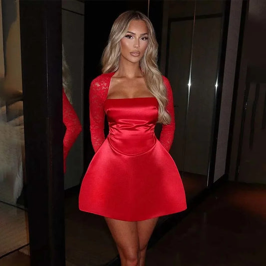 Townlike Lace Patchwork Waist Wrap A-line Dress Women Mini 2024 Autumn Winter Dress Backless Nightclub Sexy Party Dresses