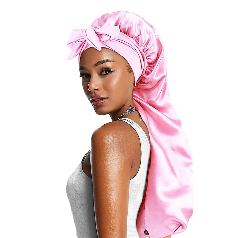 Women long Oversized Elastic Satin Bonnet Sleeping Cap With Ribbon Breathable Sleeping Cap Turban Sleep Headwear Bandanas