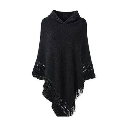 Women Winter Warm Knitted Hooded Poncho Cape Solid Color Crochet Fringed Tassel Shawl Wrap Oversized Pullover Cloak Sweater Top