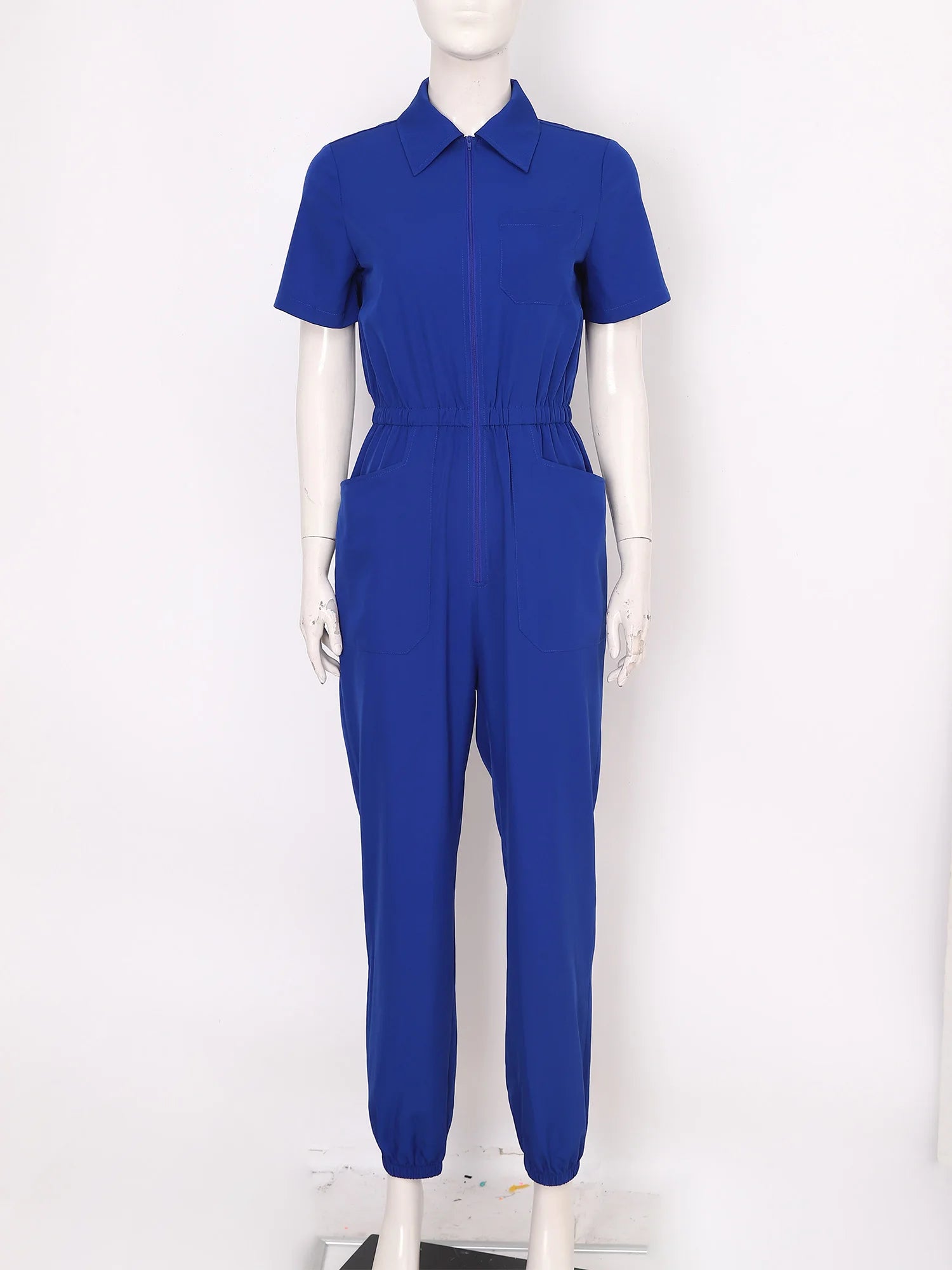 Women Scrub Jumpsuit Nurse Doctor Medical Esthetician Workwear Short Sleeve Multi-pockets Elastic Waist Jogger Pants Rompers