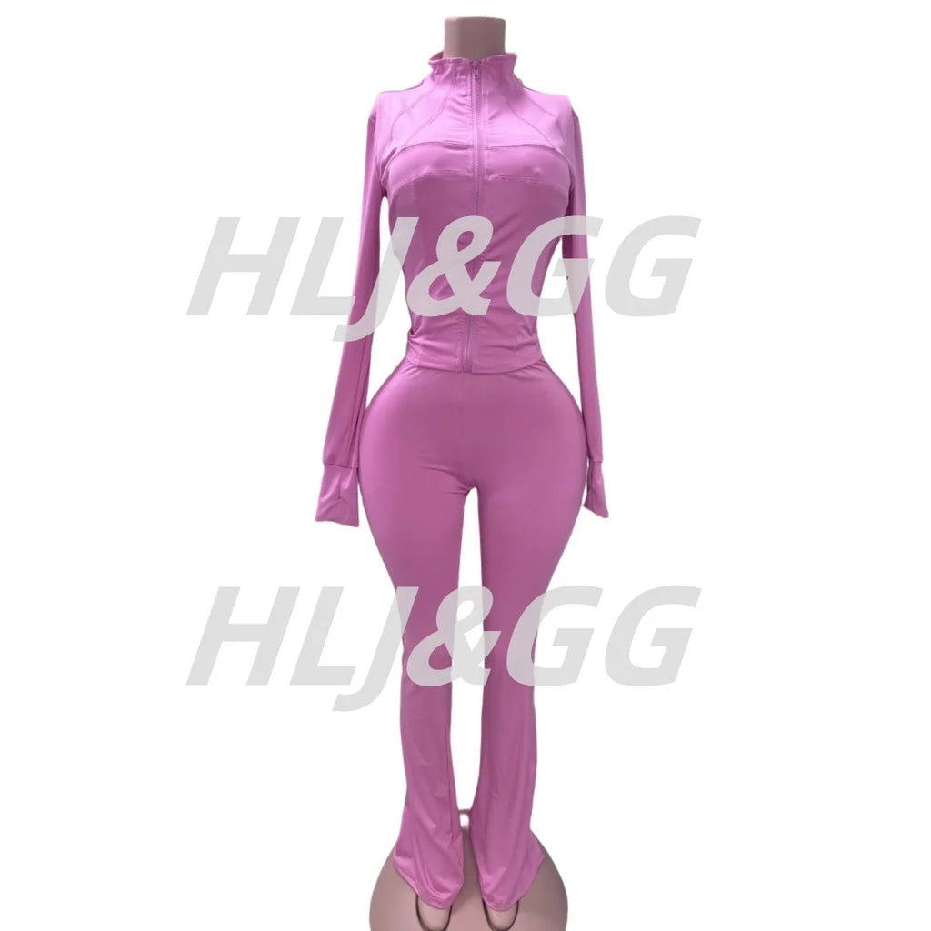HLJ&GG Casual Solid Sporty Two Piece Sets Women Zipper Long Sleeve Slim Top And Skinny Pants Outfits Spring New 2pcs Tracksuits