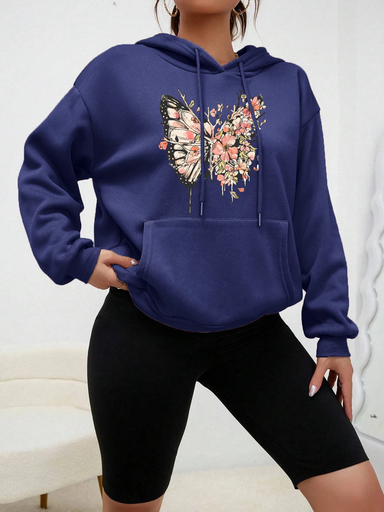 Half Butterfly Other Flower Prints Hoody Women Personality Cartoons Hoodie Fashion Fleece Pullovers Hip Hop Warm Clothes  Female
