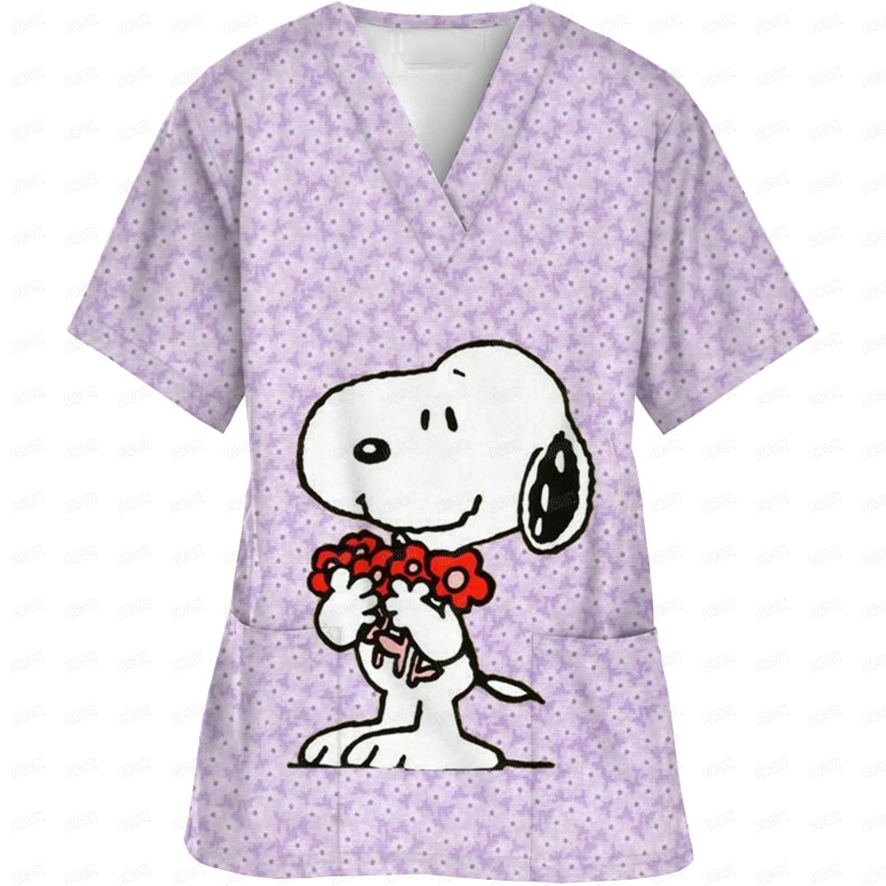 Snoopy print Working Nurse Uniform Women Short Sleeve Pocket Blouse Scrubs Tops Nursing Medical Accessories oversized tshirt