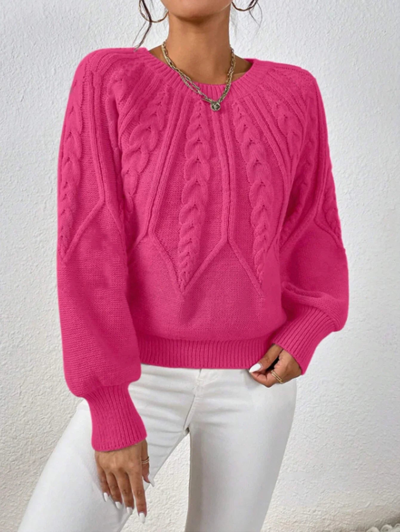 Autumn Winter Sweater 2025 Women's Elegant Plain Texture Long Lantern Sleeve Crew Neck Basics Sweater