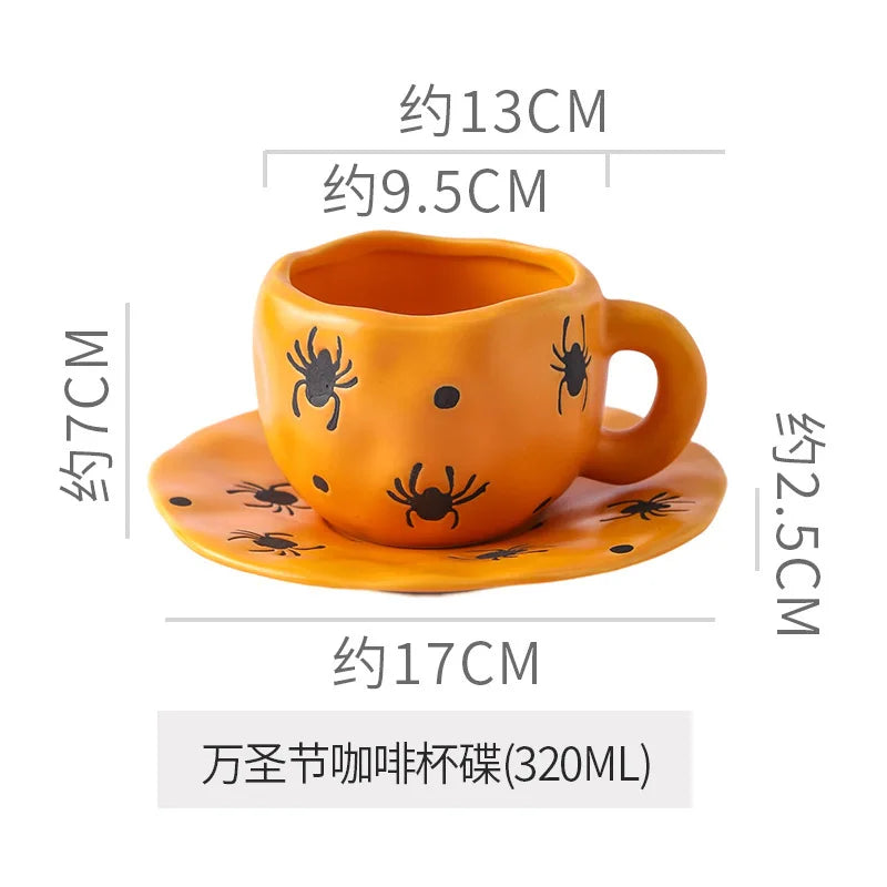 Creative Halloween-themed ceramic cups and saucers Irregular personalized coffee cups Coffee saucers Pumpkin bat pattern cups