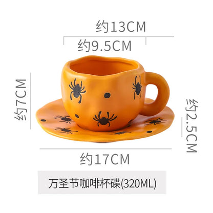 Creative Halloween-themed ceramic cups and saucers Irregular personalized coffee cups Coffee saucers Pumpkin bat pattern cups