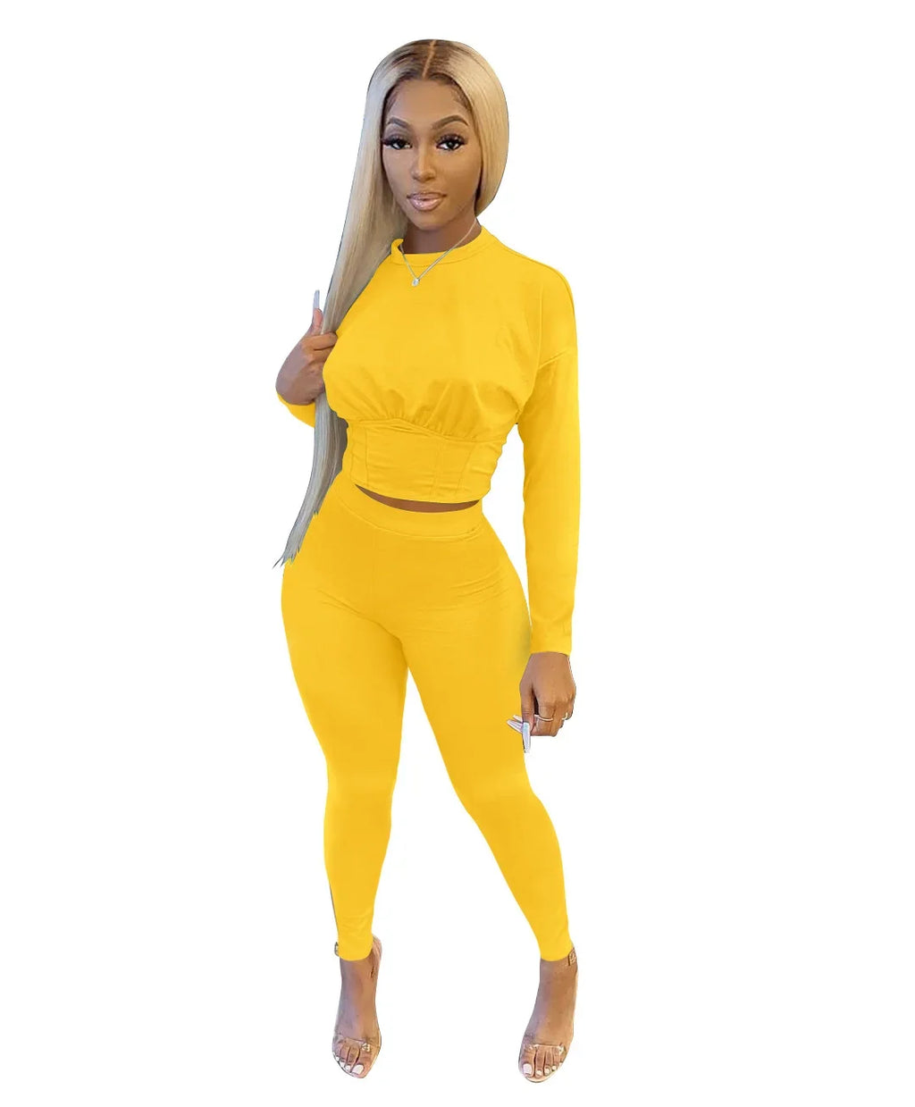 New Autumn Women's Pure Color Sports Waist Suit Fashion Casual Two-piece Set