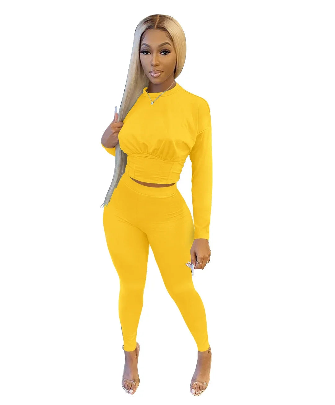 New Autumn Women's Pure Color Sports Waist Suit Fashion Casual Two-piece Set