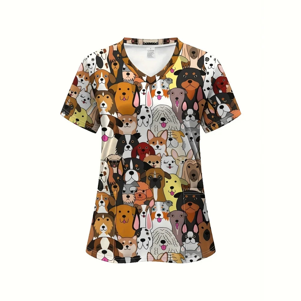 Clinical Uniform Woman Fashion V-Neck Vibrant Pockets T-Shirt Cute Cartoon Print Tops Summer Comfortable Vet Nurse Uniform Woman