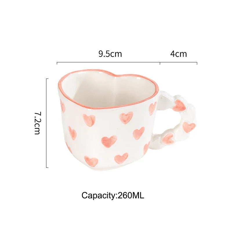 Cute Ins Style Heart Shape Coffee cup with Saucer Hand Painted Love Ceramics Mug Festival Gifts Afternoon tea Cup Breakfast cups