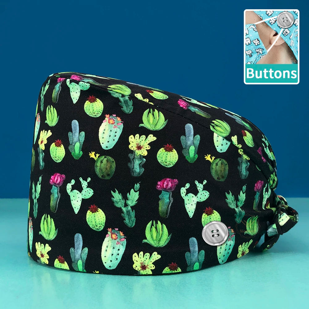 Pill Capsule Pattern Pink Scrubs Cap Female Nurse Medical Clinic Accessories Women's Operating Room Hat with Buttons Cotton Hats