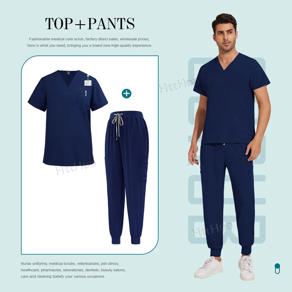 Scrubs Set Men Medical Uniforms Stretch Scrub Tops with Pocket Pants Nurse Uniform Doctor Surgery Overalls Beauty Salon Workwear