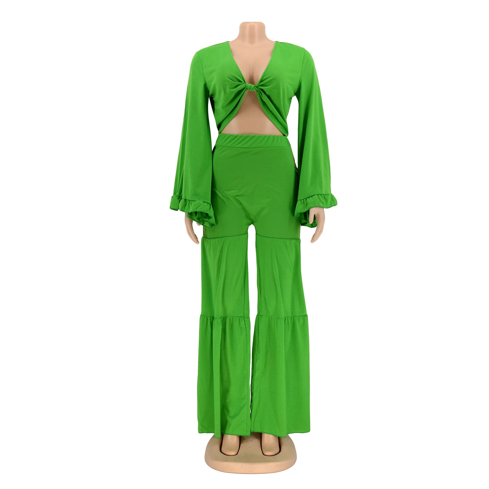 Casual Spring And Autumn For Women's Solid Color Long Sleeved Chest Wrap Top and Wide Leg Trousers Female Office 2 Piece Set