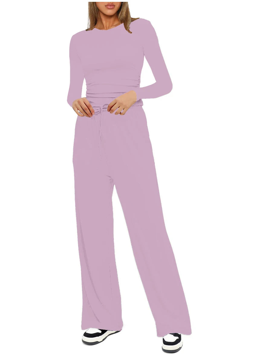 Autumn Winter Trend Fashion Women's Two Pieces Set Solid Casual O Neck Long Sleeve T-shirts & High Waist Wide Leg Pants Sets