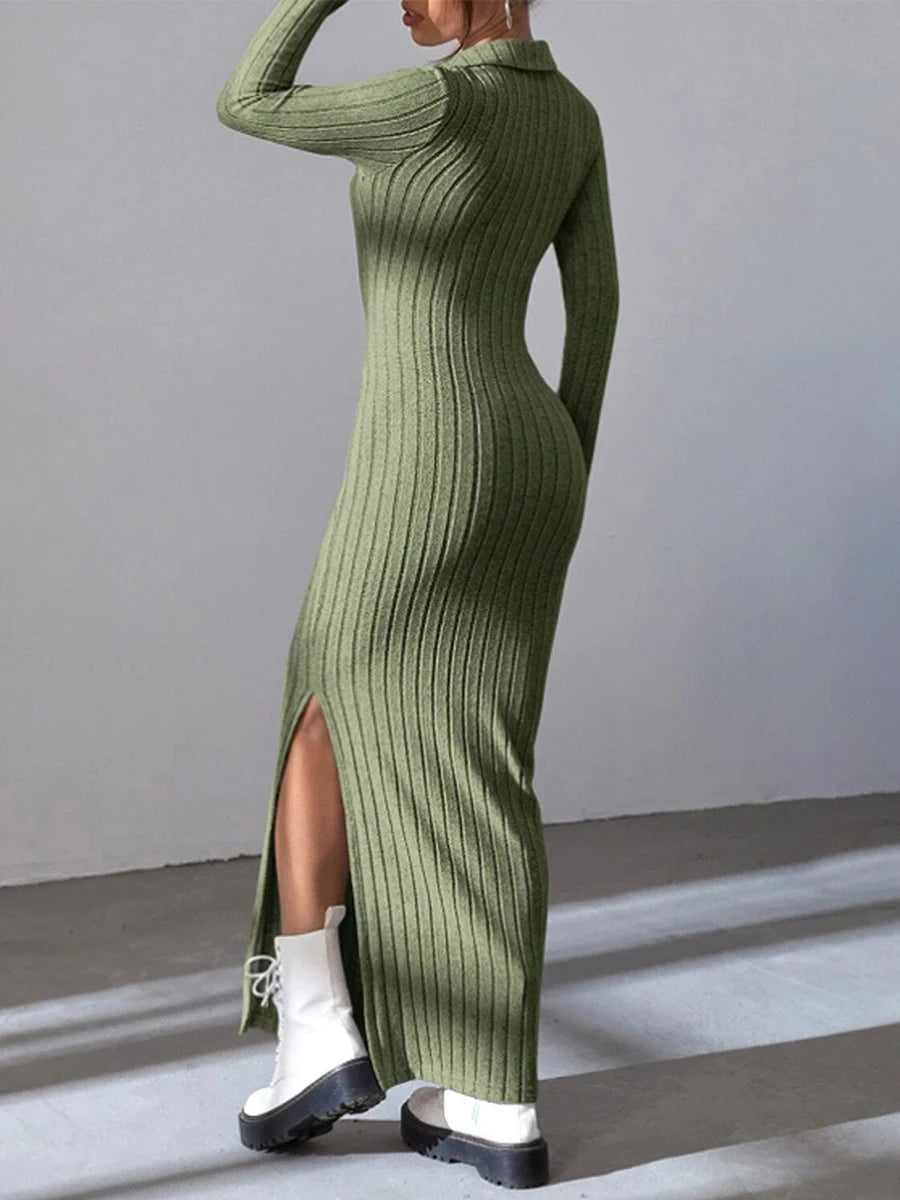 Women's Fall Winter Knitted Dress Long Sleeve Lapel Collar Solid Color Bodycon Long Dress Going Out Dress