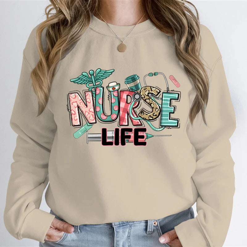 Woman Clothing Nurse Life Cartoon Classic Design Sweatshirts Nurse Gifts Autumn Hoodies Registered Nurse Gift Cartoon Sweatshirt