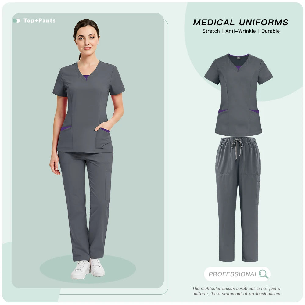 Medical Uniforms for V-neck Hospital Nurse Scrubs Set Women Doctor Workwear Oral Dental Surgery Work Top+Pants New Beauty Suit